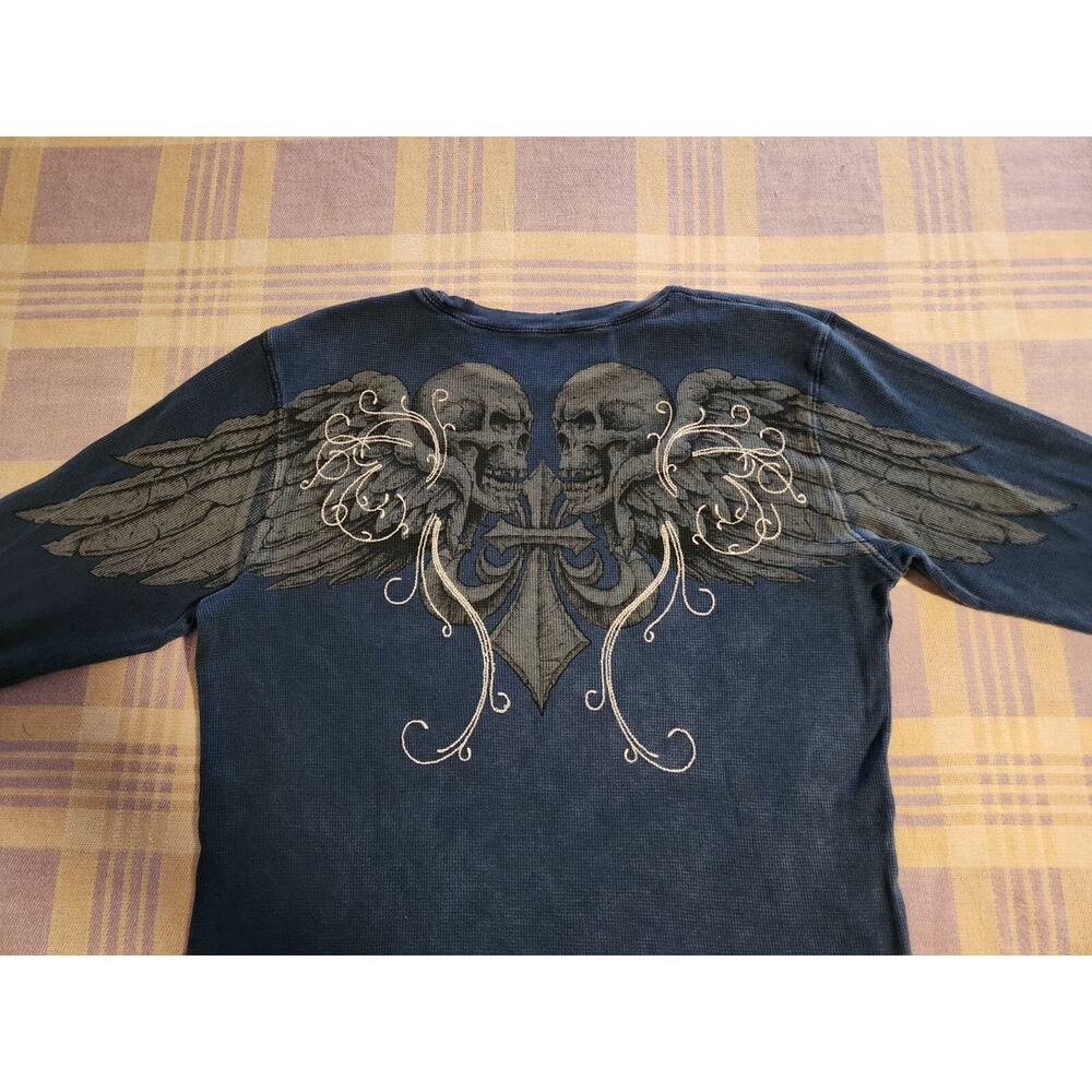 Rare Affliction Mens Thermal Cross Skull Wings Long Sleeve Shirt XL Y2k Usa - Picture 7 of 9